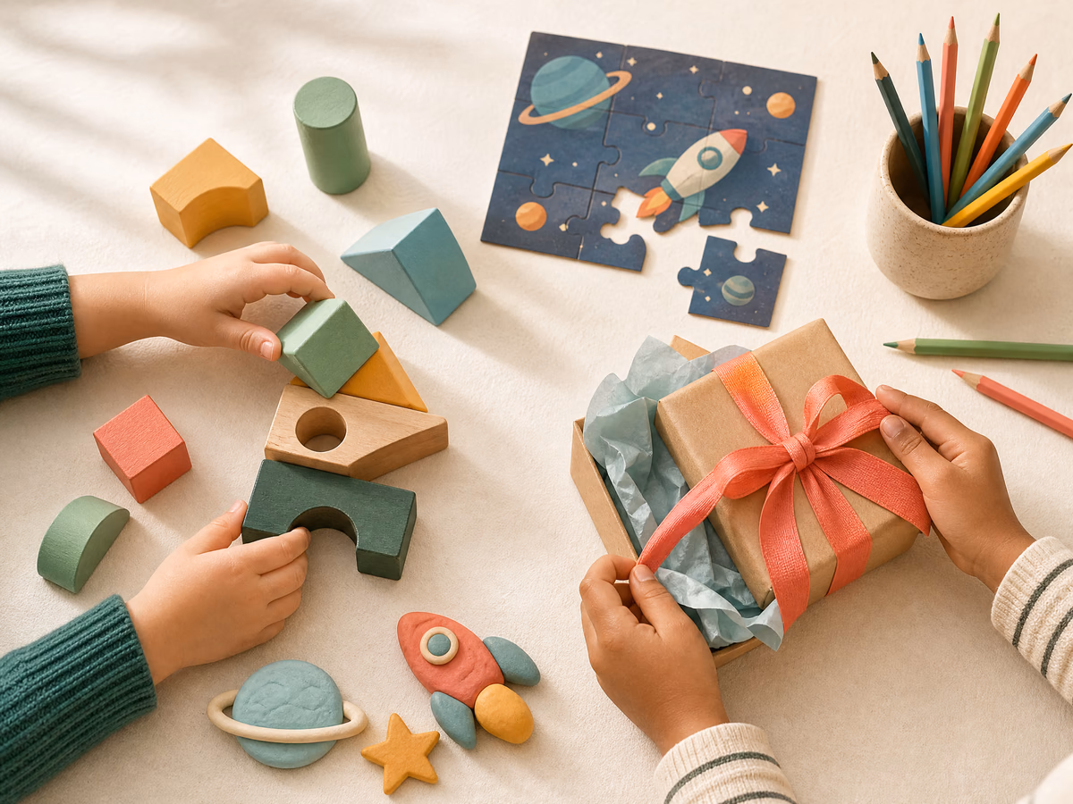 Crianças brincando com blocos, arte e quebra-cabeça espacial