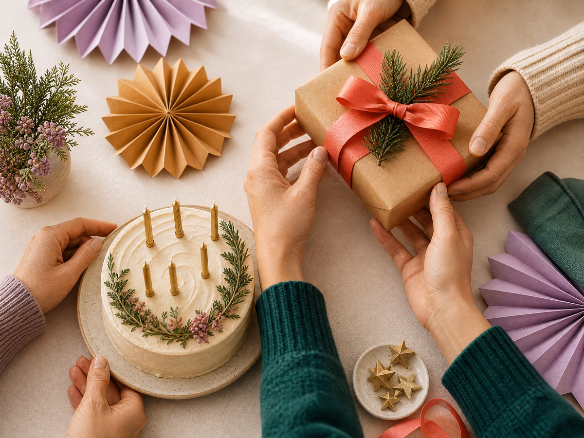 Mãos celebrando aniversário com bolo e presente