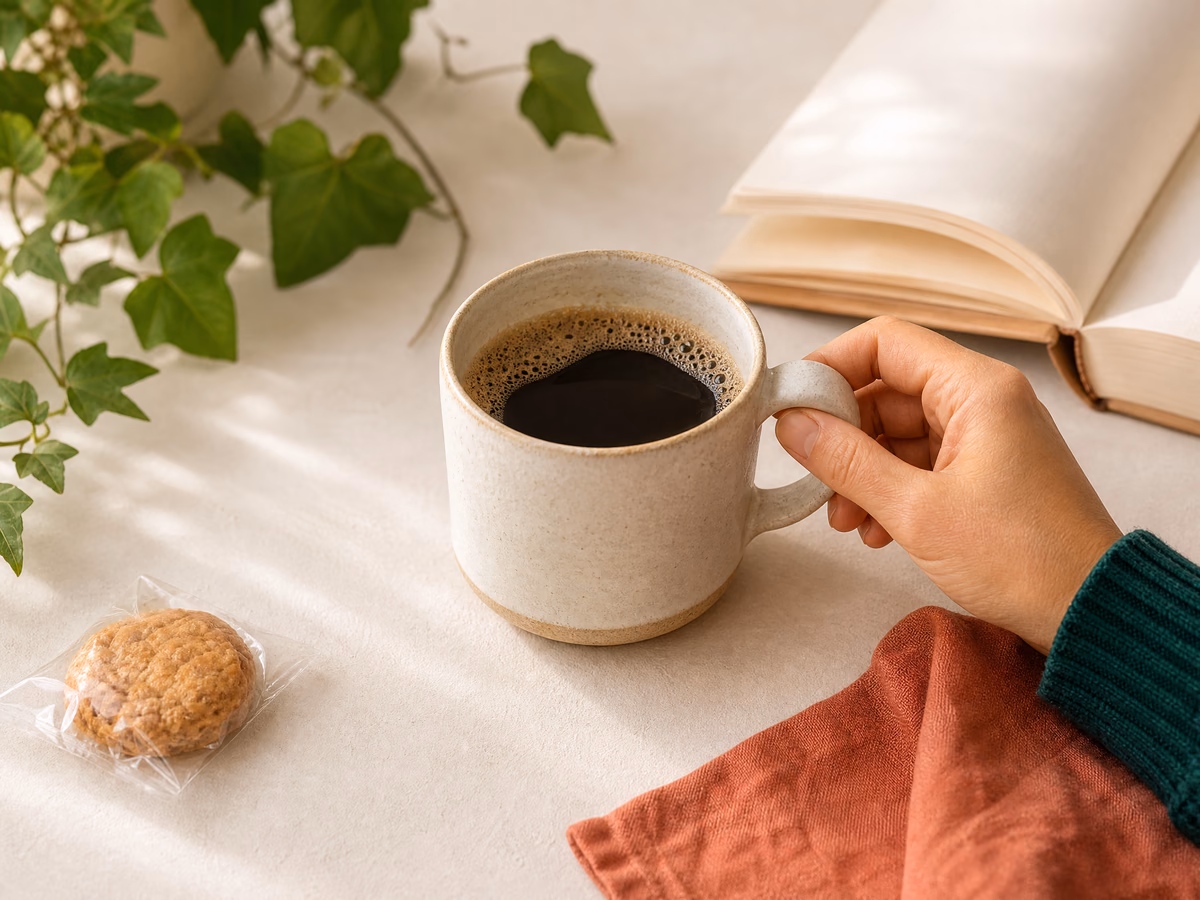 Caneca artesanal de cerâmica em uma pausa para café