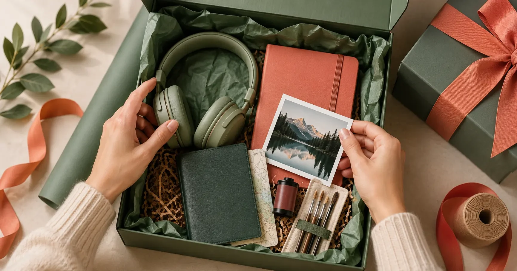 Fones, caderno, fotografia e presentes preparados para aniversário de namorado