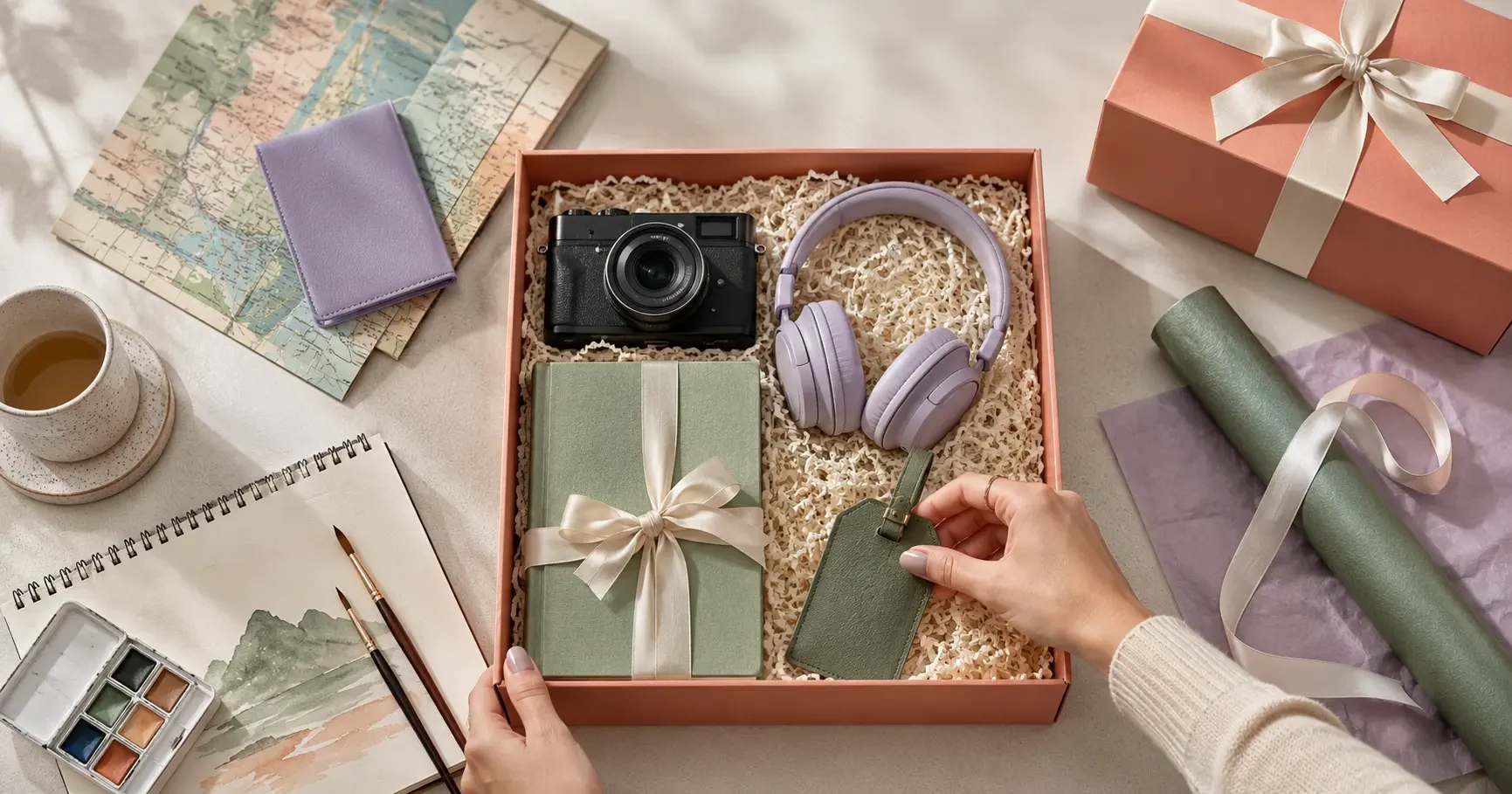 Câmera, livro, fones e materiais criativos preparados para aniversário de namorada