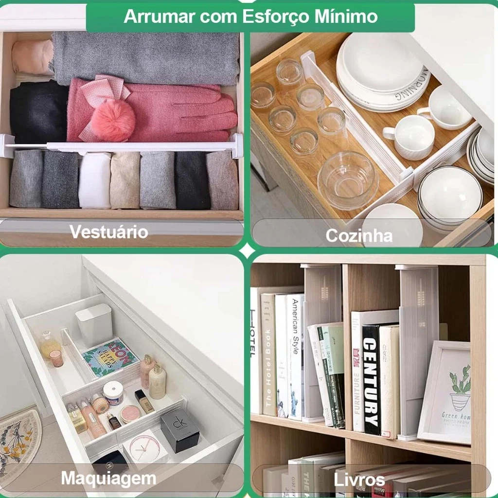 Divisores transparentes ajustáveis separando objetos em uma gaveta