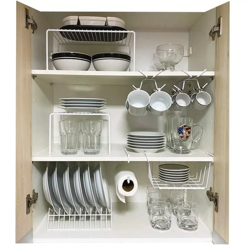 Kit com sete organizadores aramados para pratos, xícaras e armários de cozinha